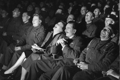 945:  An audience, mostly servicemen, enjoying a comedy show at the BBC.  (Photo by Erich Auerbach/Getty Images)